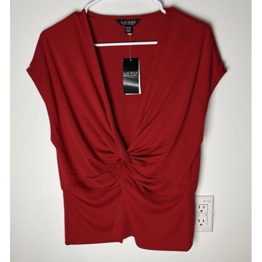 RALPH LAUREN, WOMEN'S NEW RED POLY BL V-NECK TWISTED CAP SLEEVE BLOUSE, SIZE XL